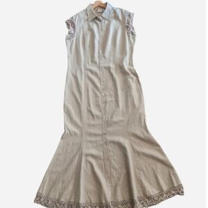 Newport News Y2K Linen Crochet Cap Sleeve Tan Taupe Light Brown Button Down Maxi